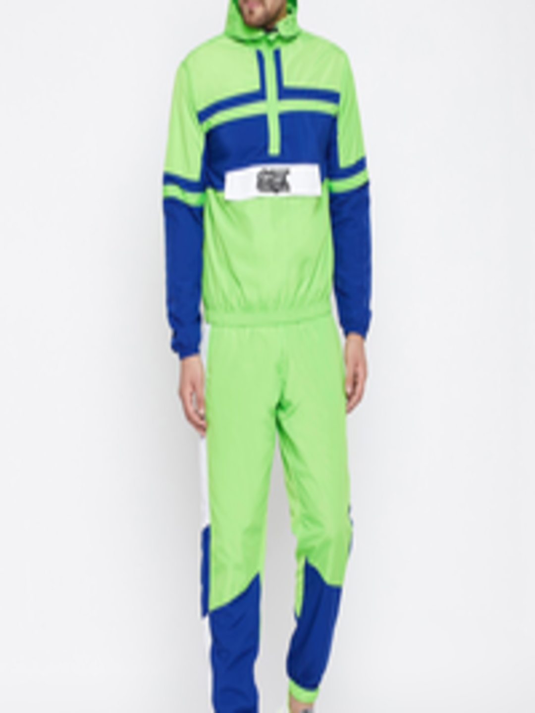 Buy FUGAZEE Men Lime Green & Blue Colourblocked Relaxed Fit Tracksuit ...