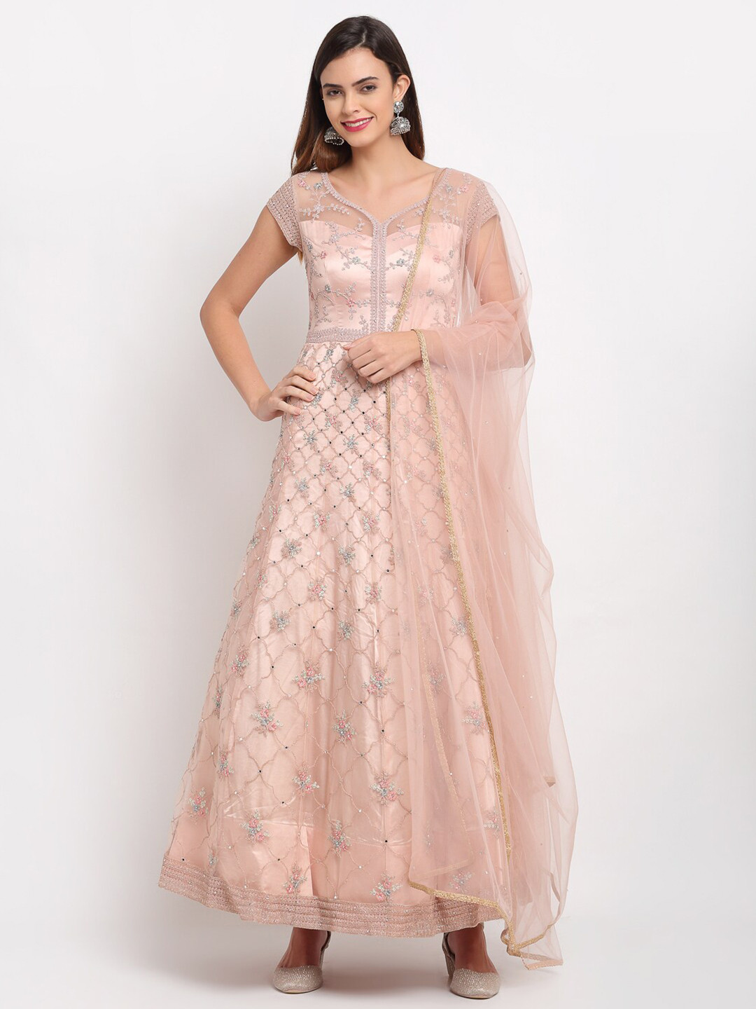Buy Stylee LIFESTYLE Peach Coloured & Silver Toned Embroidered Semi