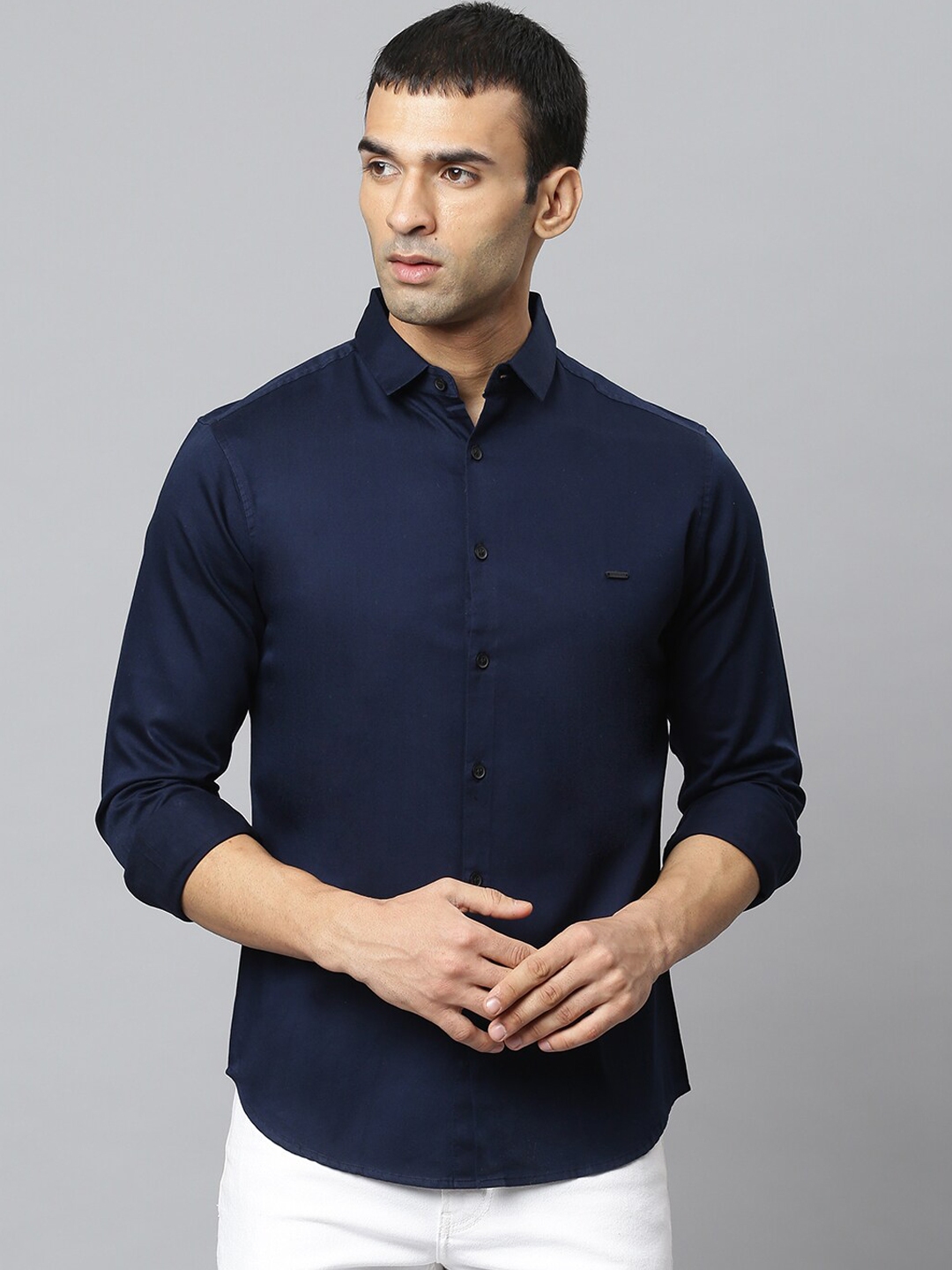 Buy Dennis Lingo Men Navy Blue Slim Fit Opaque Cotton Casual Shirt ...