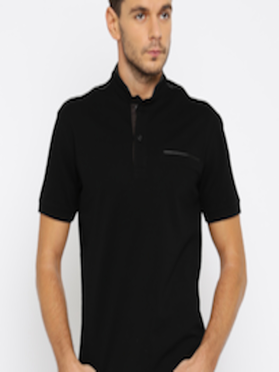 Buy Wills Lifestyle Men Black Solid Mandarin Collar T Shirt - Tshirts ...