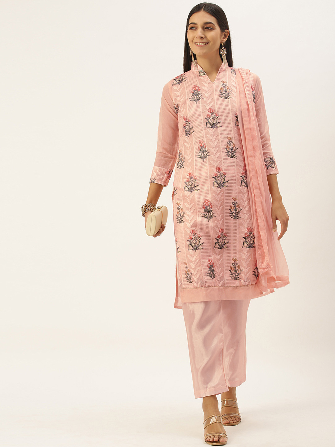 Buy LADUSAA Peach Coloured Printed Unstitched Dress Material Dress
