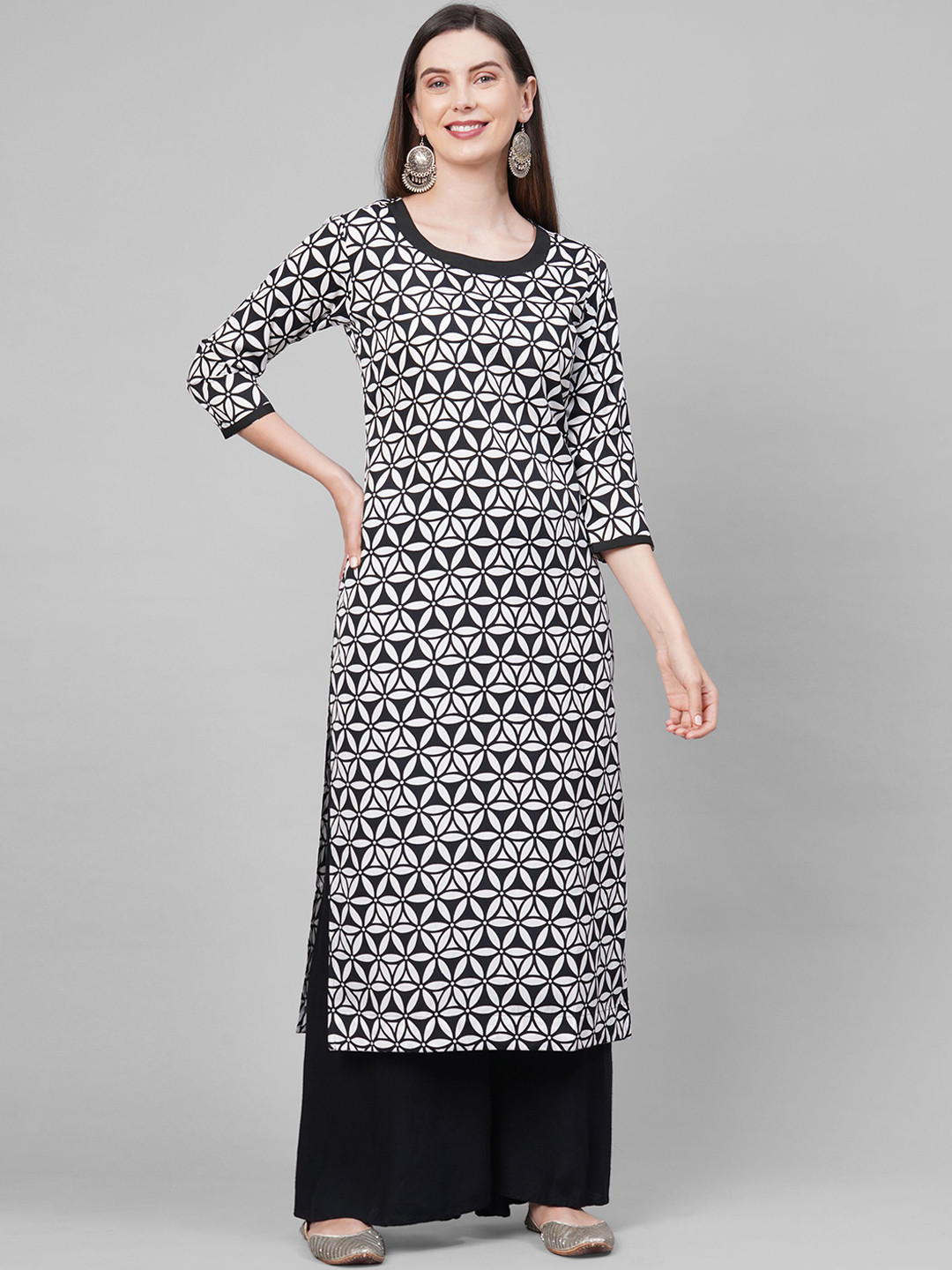 Buy KALINI Women Black & White Geometric Printed Straight Kurta