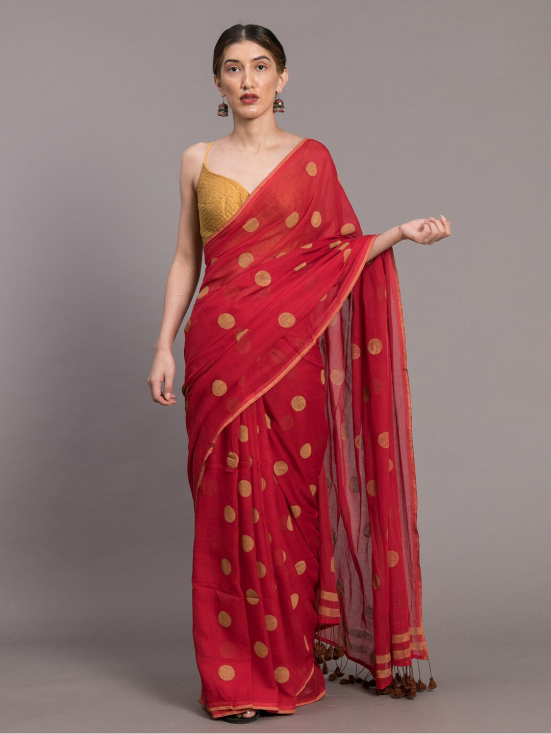 Buy Suta Red & Beige Polka Printed Pure Cotton Saree Sarees for Women