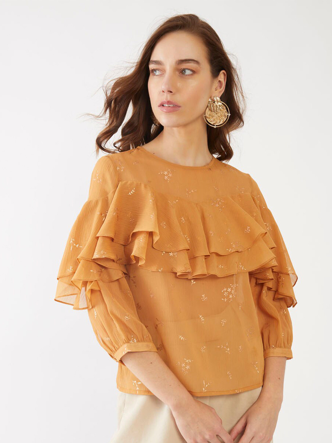 Buy Zink London Yellow Floral Printed Ruffles Regular Top Tops for