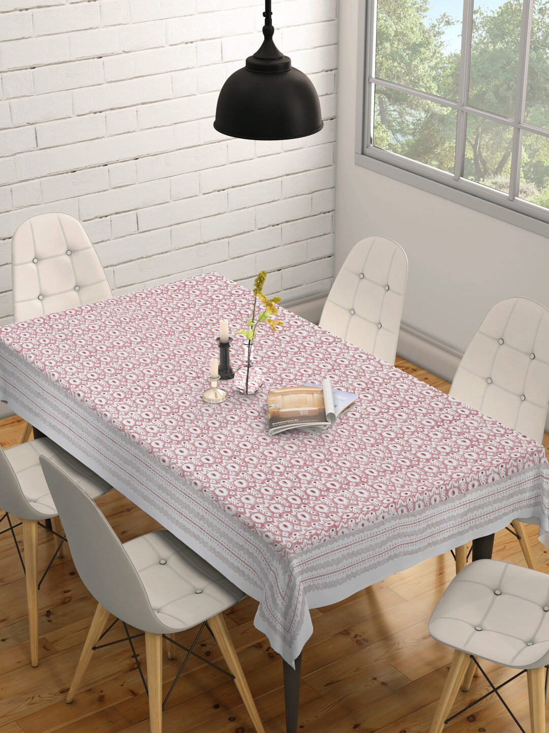 Buy Fabindia Pink Floral Printed Pure Cotton 6 Seater Table Cover