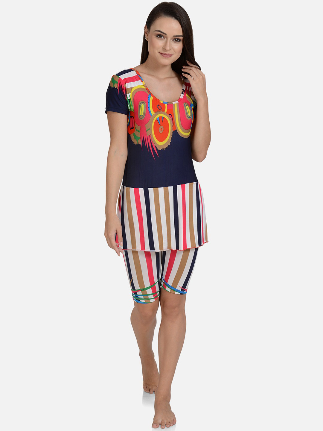 Buy Mod & Shy Women Navy Blue Printed Swimming Dress With Attached