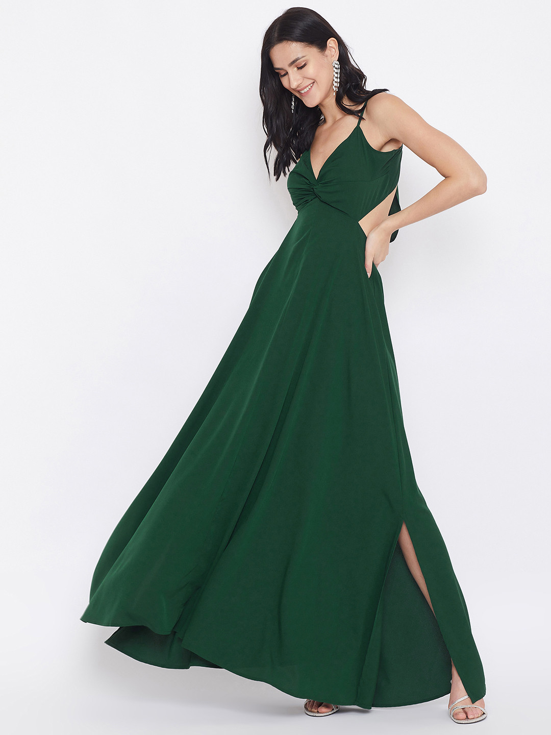 Women's Green Solid Crepe Maxi Dress