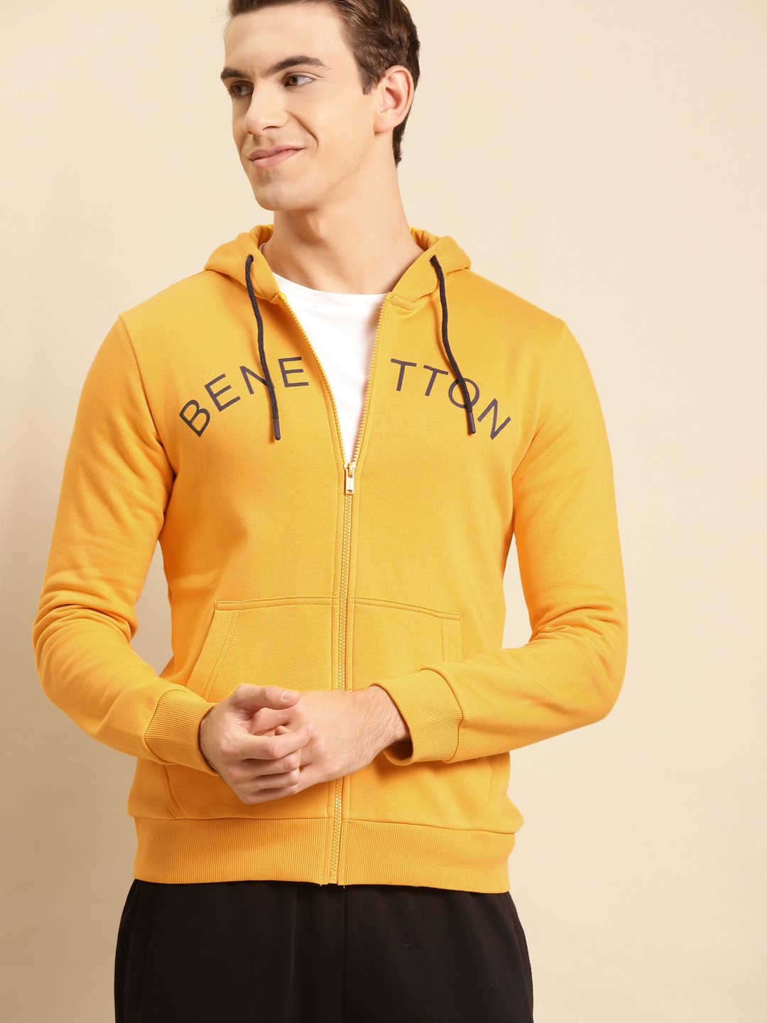 Buy United Colors Of Benetton Men Mustard Yellow Brand Logo Print Hooded Sweatshirt