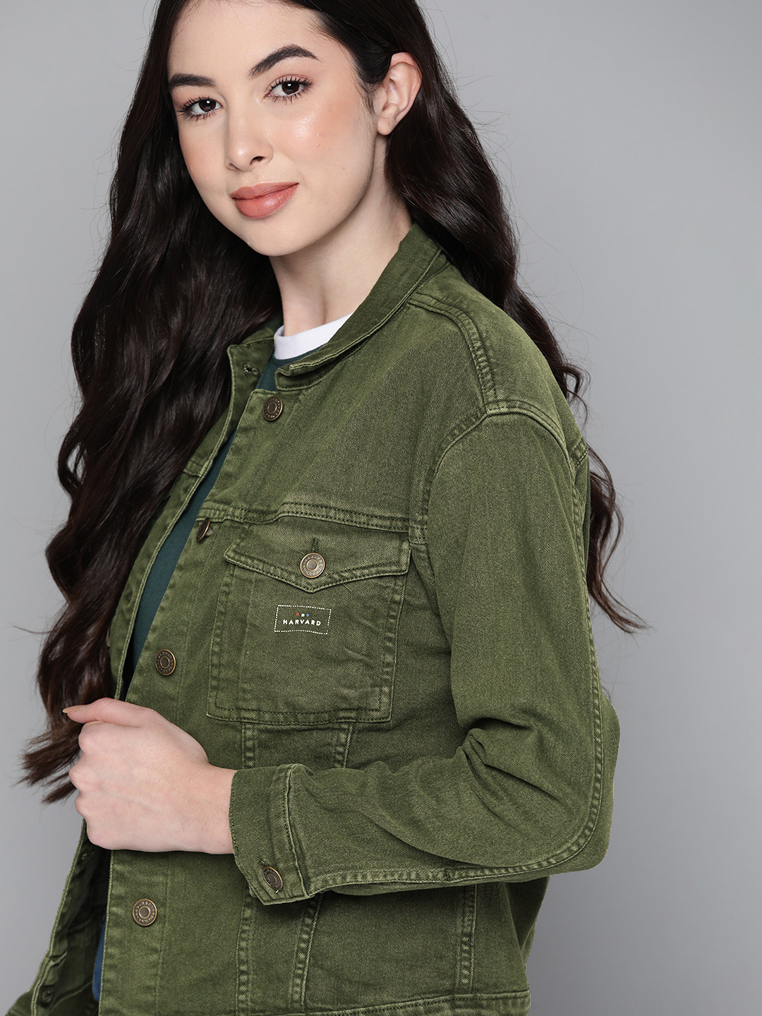 Buy Harvard Women Olive Green Pure Cotton Denim Jacket Jackets for