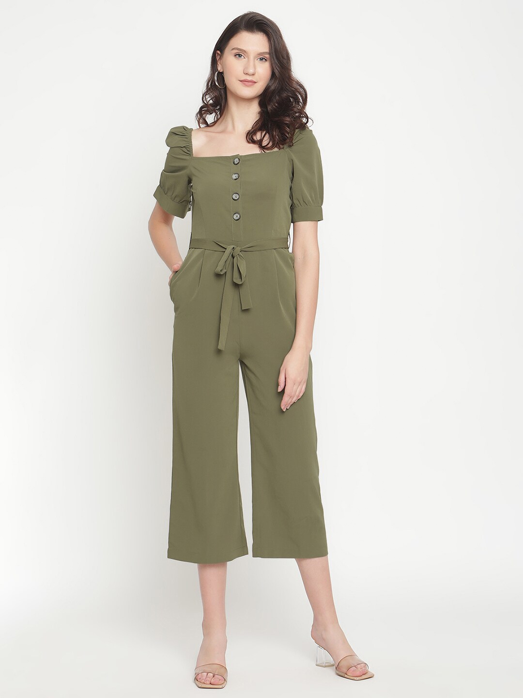 Buy Thread Muster Women Olive Green Polyester Solid Basic Jumpsuit Jumpsuit For Women 15262742 