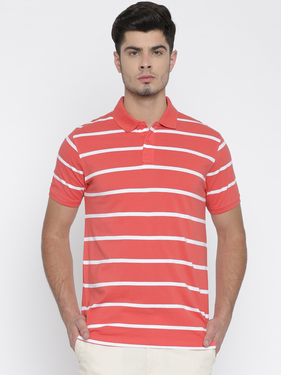 Buy Fame Forever By Lifestyle Men Coral Pink Striped Polo ...