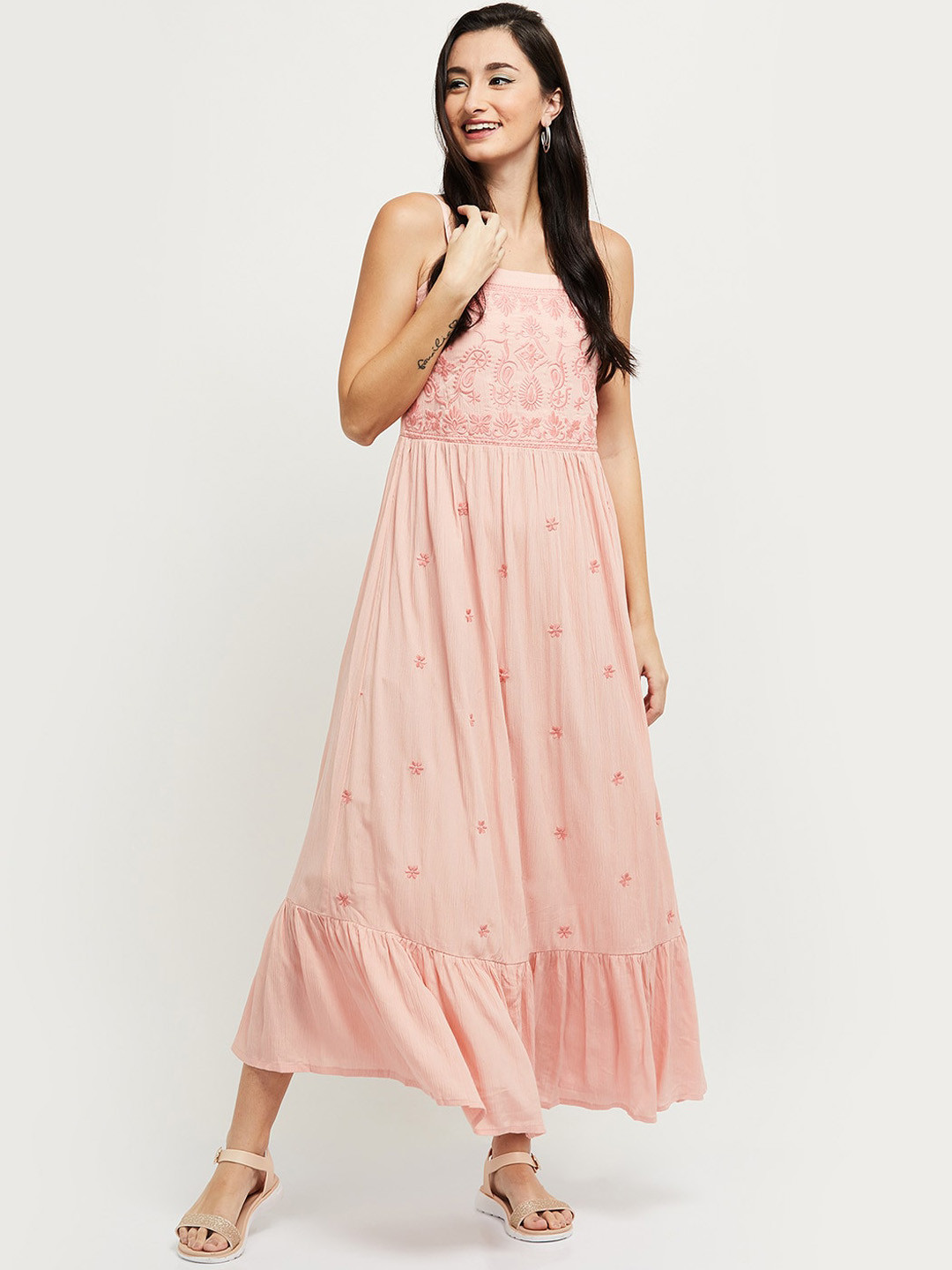 Green & Pink Colourblocked Colourblocked Tie-Up Neck Ethnic Maxi Dress