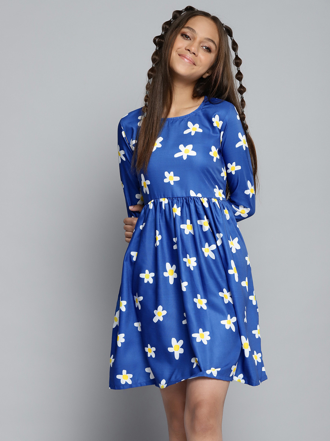 Girls Blue & Red Check Print A-Line Dress