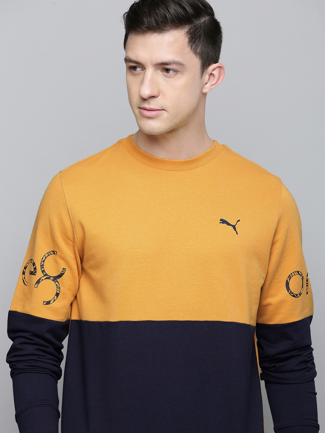 Buy One8 X PUMA Men Mustard And Navy Blue Colourblocked Pullover Sweatshirt - Sweatshirts for