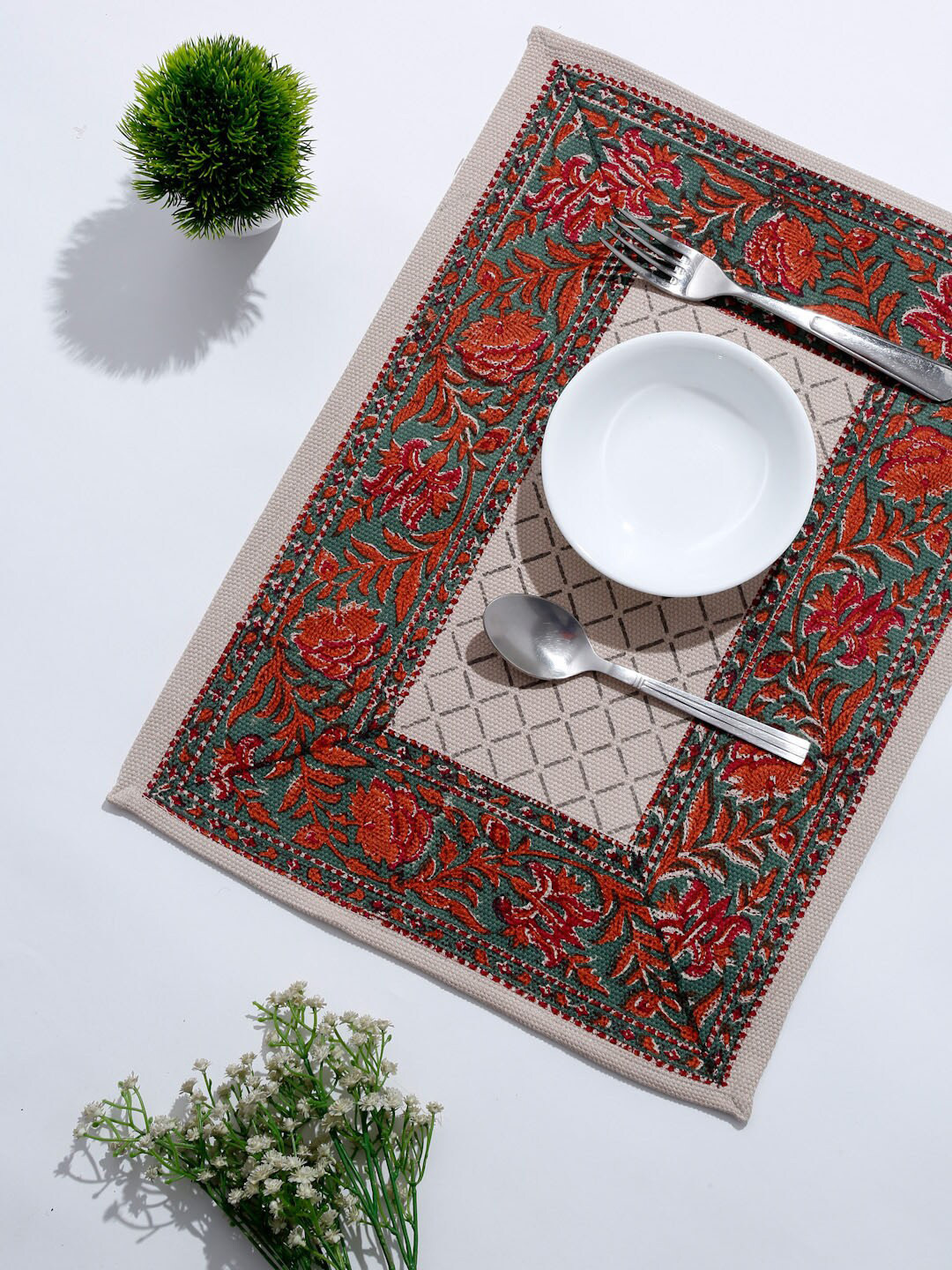 Buy Fabindia Set Of 4 Off White & Green Floral Printed Cotton Table