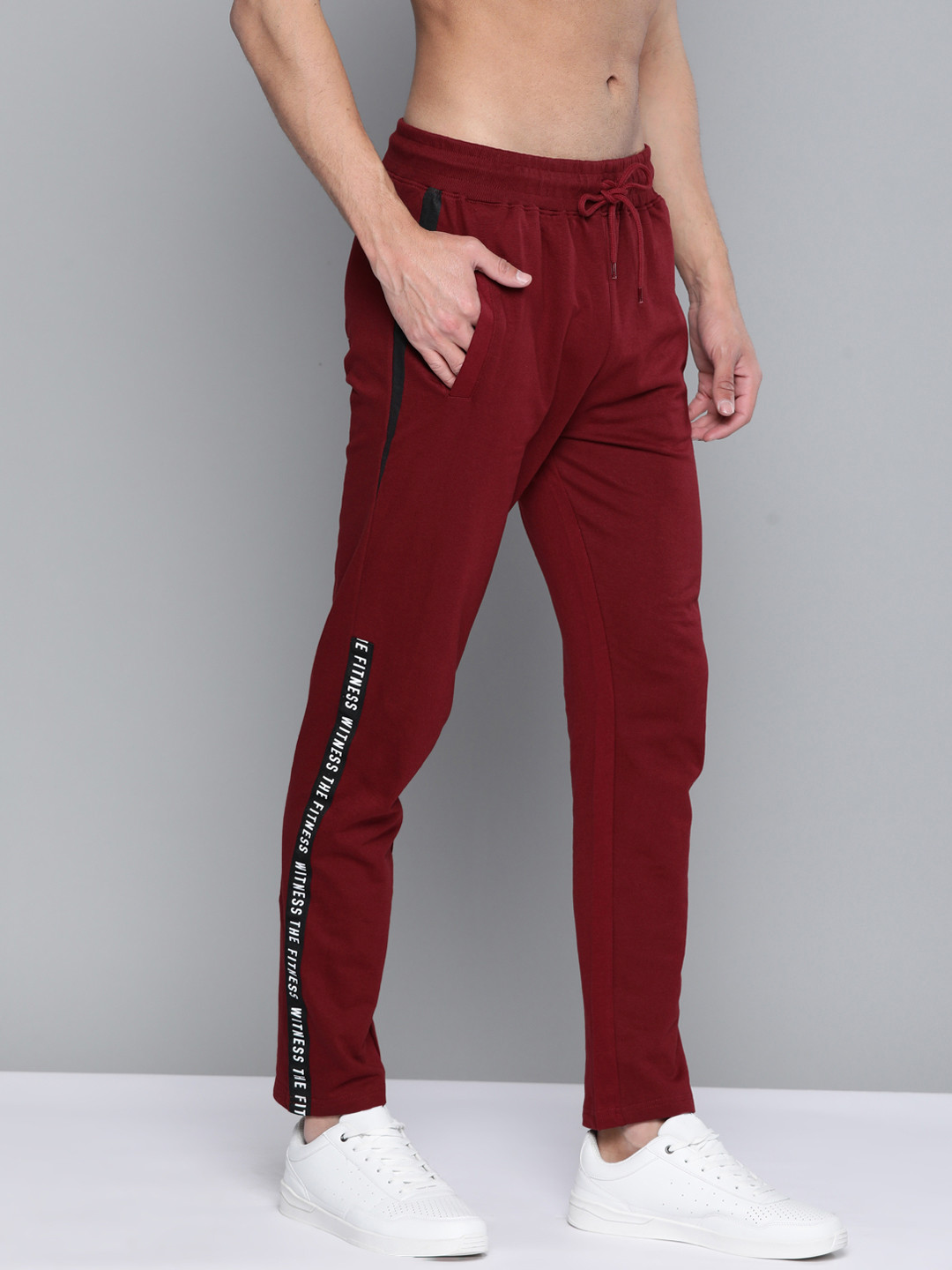 Buy HERE&NOW Men Maroon Pure Cotton Track Pants With Side Taping Detail Track Pants for Men