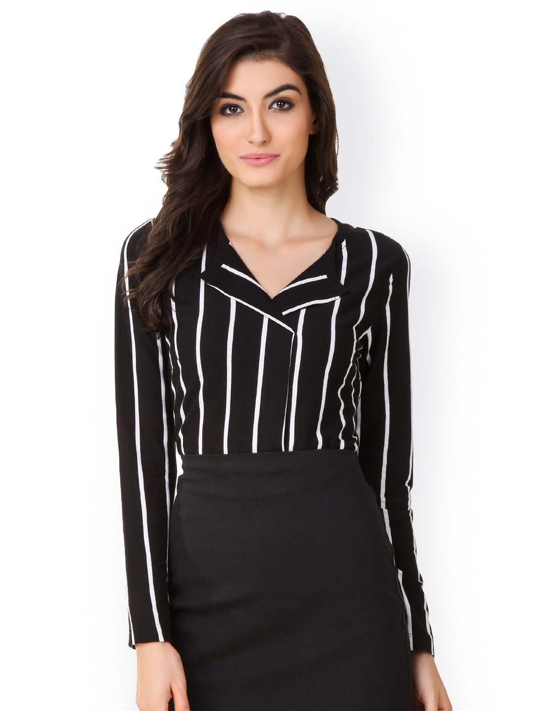 Buy Texco Women Black & White Striped Formal Shirt ...