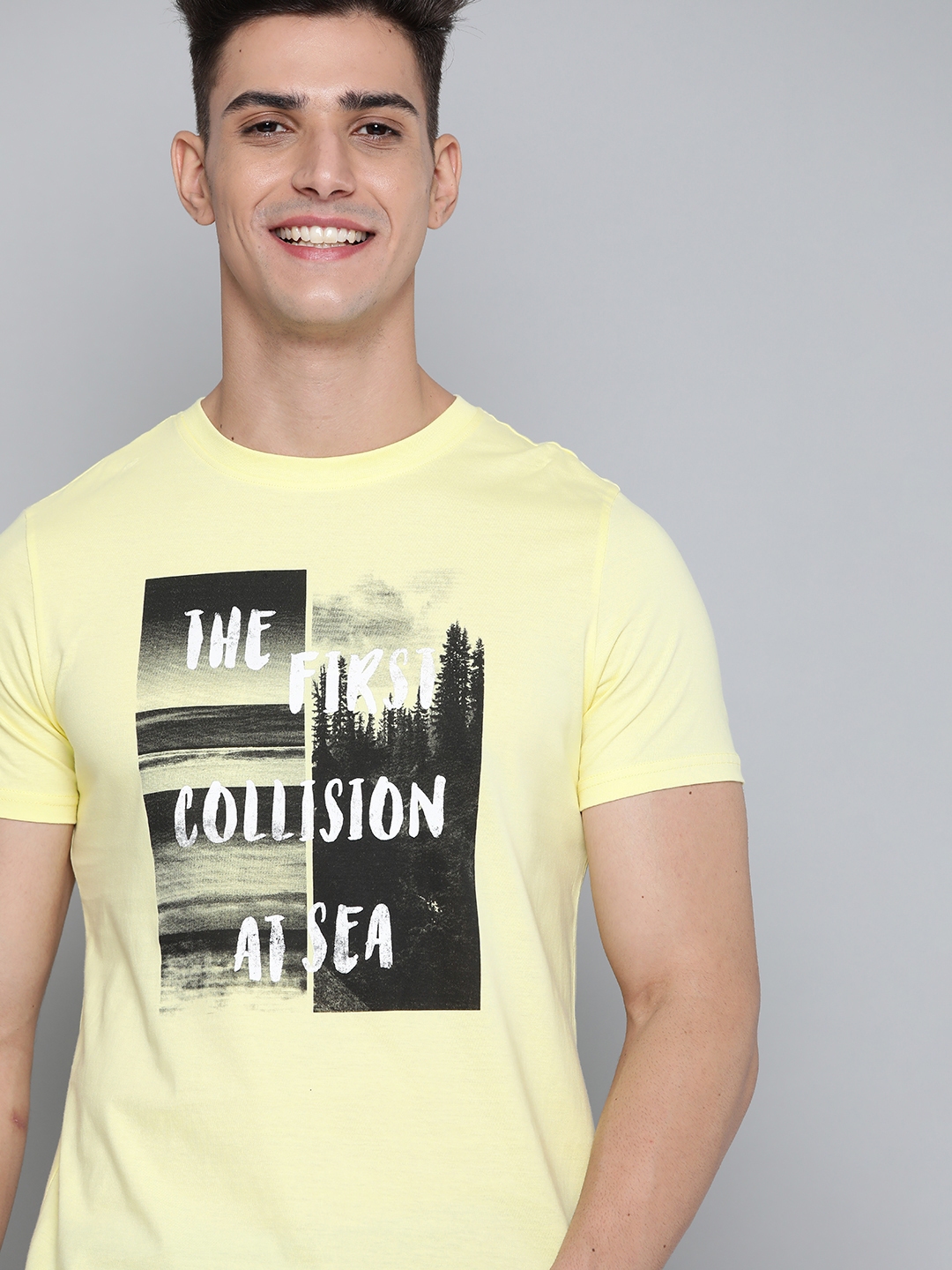 Buy Mast & Harbour Men Yellow & Black Pure Cotton Typography Printed T ...