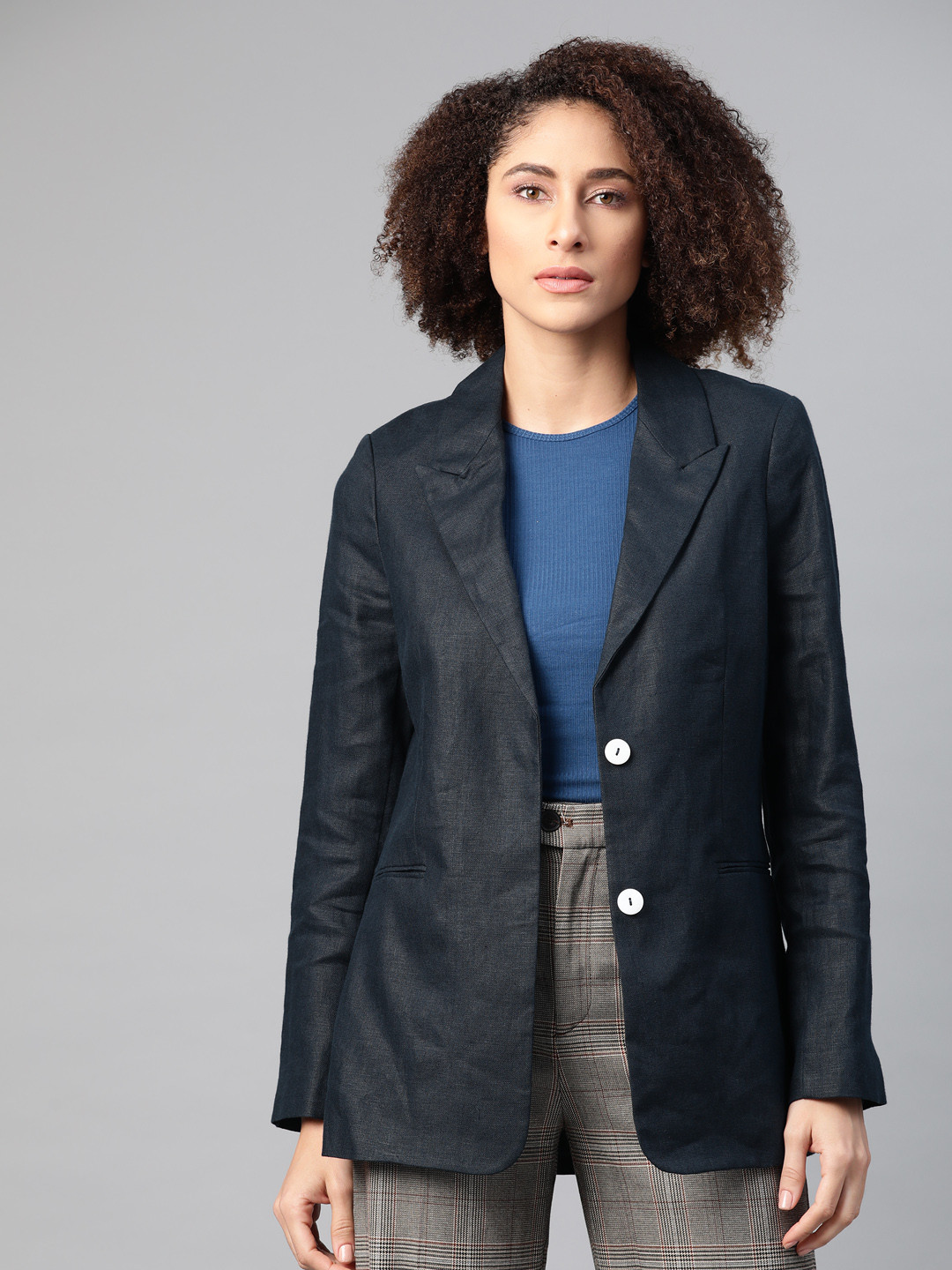Buy Marks & Spencer Women Navy Blue Linen Single Breasted Casual Blazer