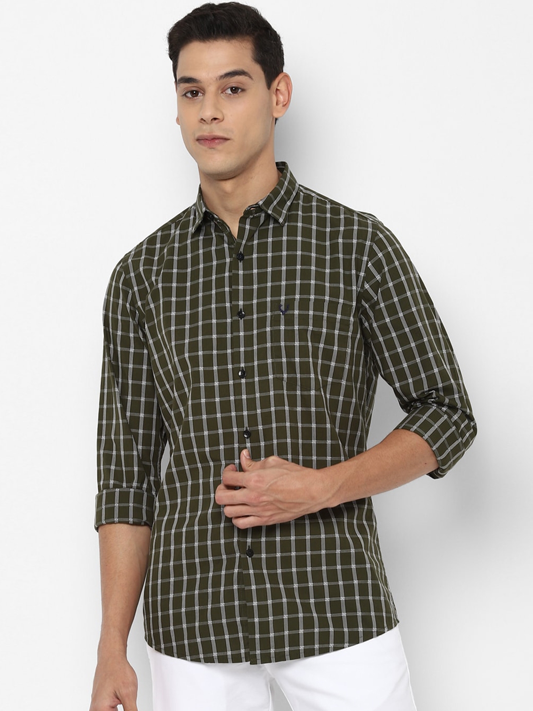Buy Allen Solly Men Olive Green Slim Fit Opaque Checked Casual Shirt ...