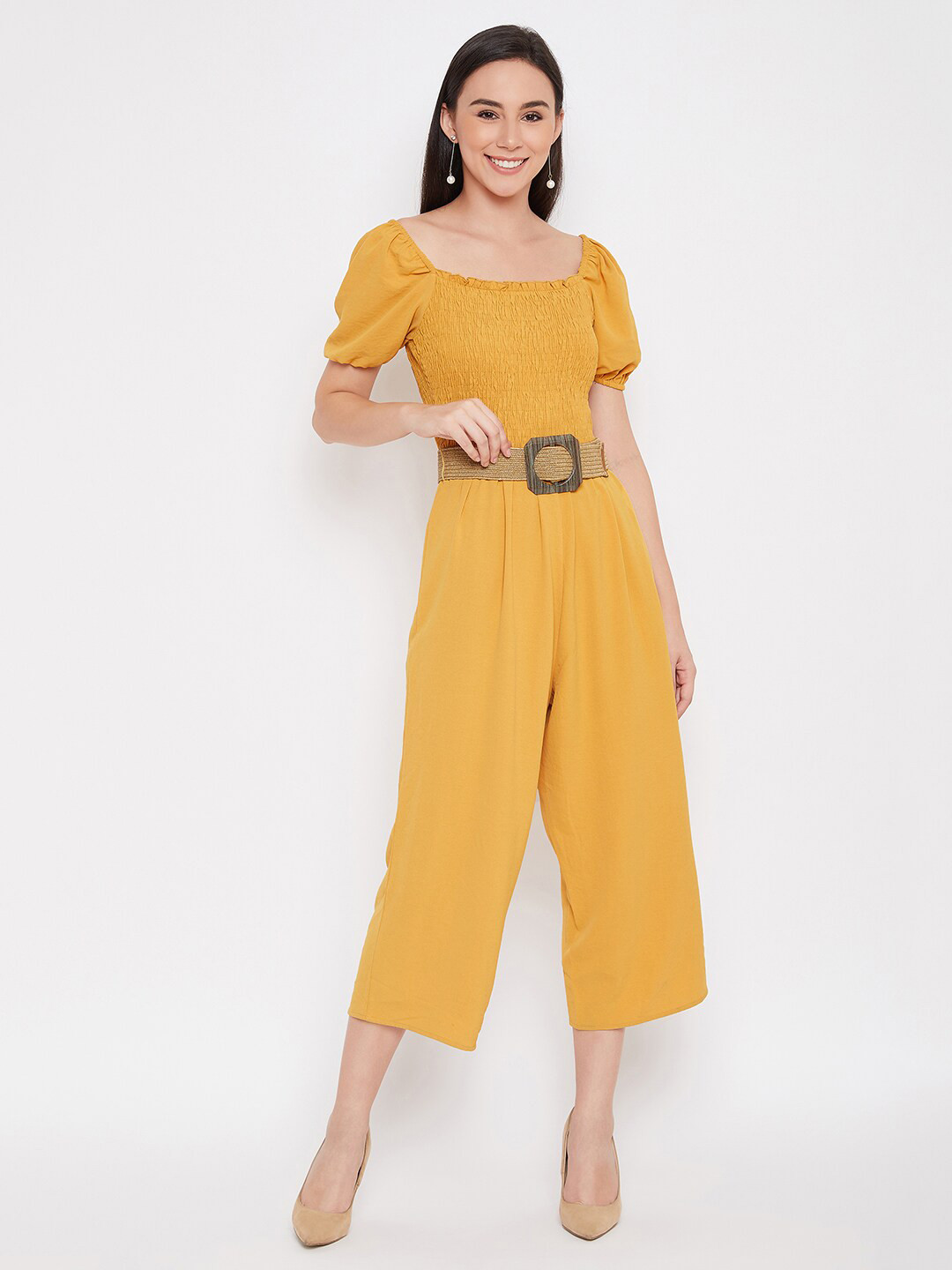 Buy Madame Women Mustard Solid Capri Jumpsuit With Waist Tie Ups
