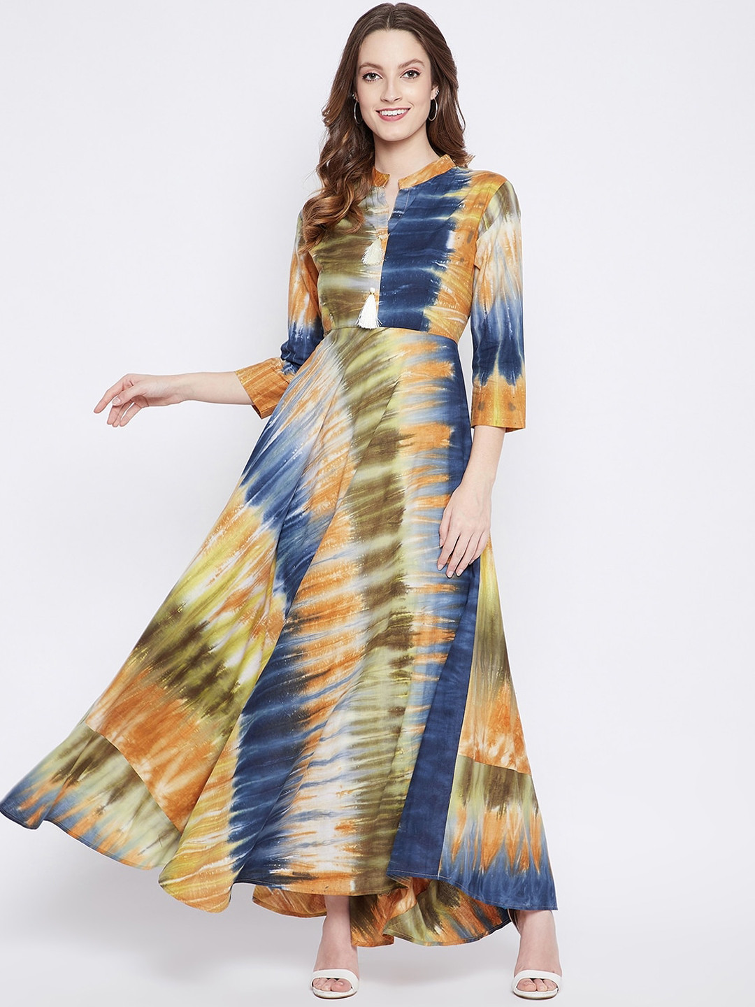 Buy TULIP 21 Women Navy Blue & Olive Green Tie & Dye Printed Anarkali