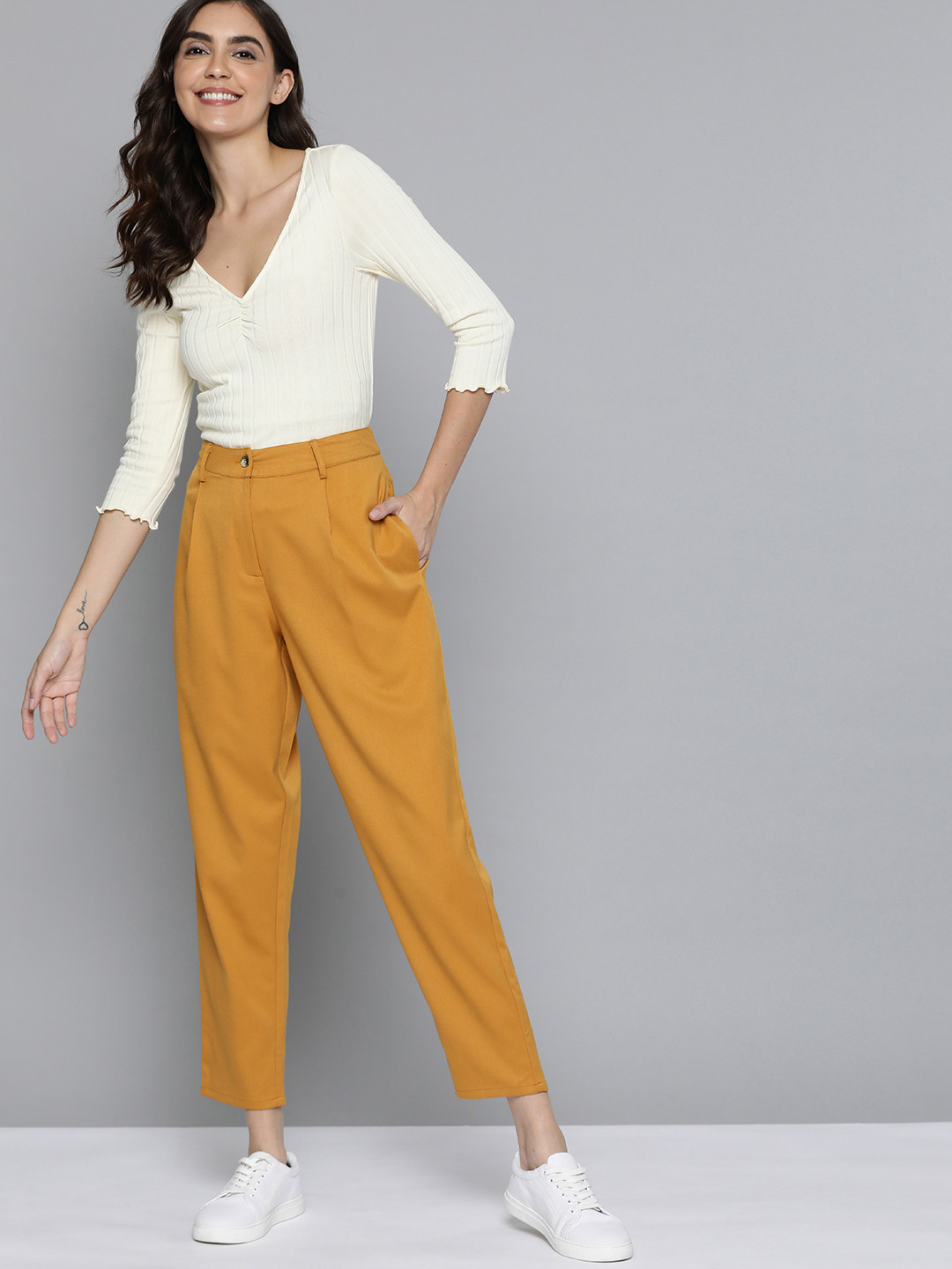 Buy Mast & Harbour Women Mustard Yellow Solid Trousers Trousers for
