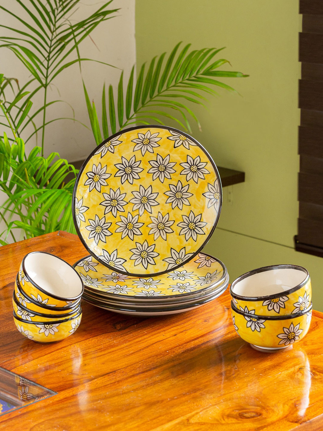 Buy ExclusiveLane Yellow & White 10 Pieces Hand Painted Printed Ceramic