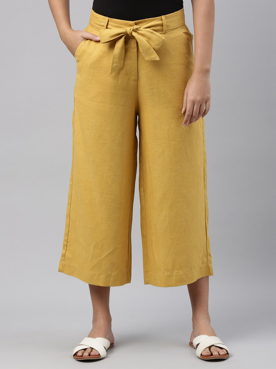 Buy Go Colors Women Mustard Solid Linen Mid Rise Culottes Trousers