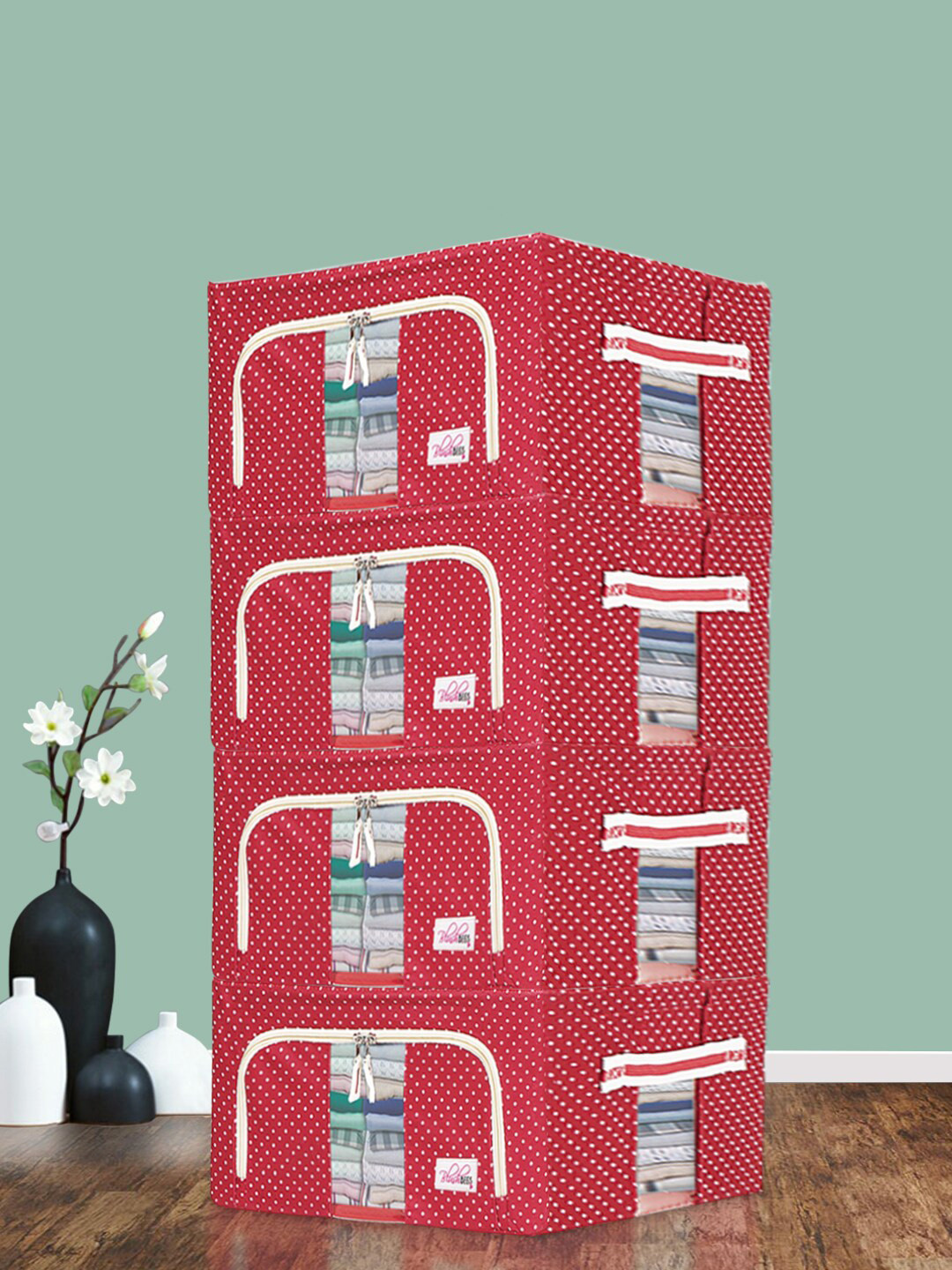 Buy BlushBees Set Of 4 Red & White Printed Foldable Storage Boxes