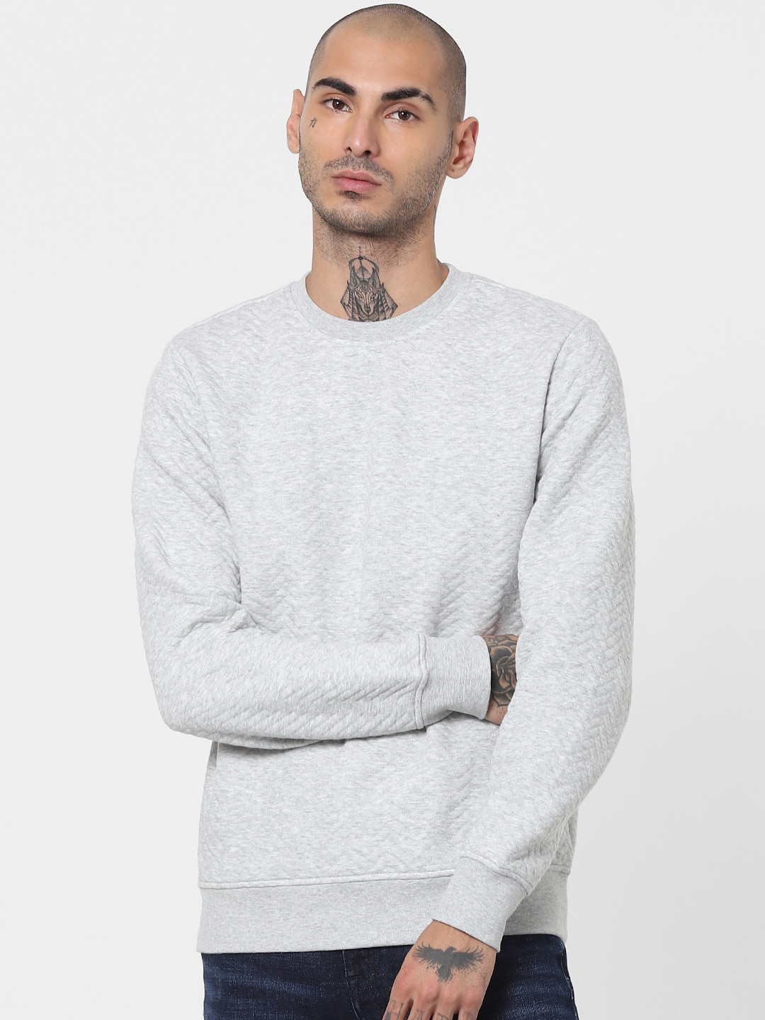 Buy Jack & Jones Men Grey Quilted Cotton Pullover Sweaters for Men