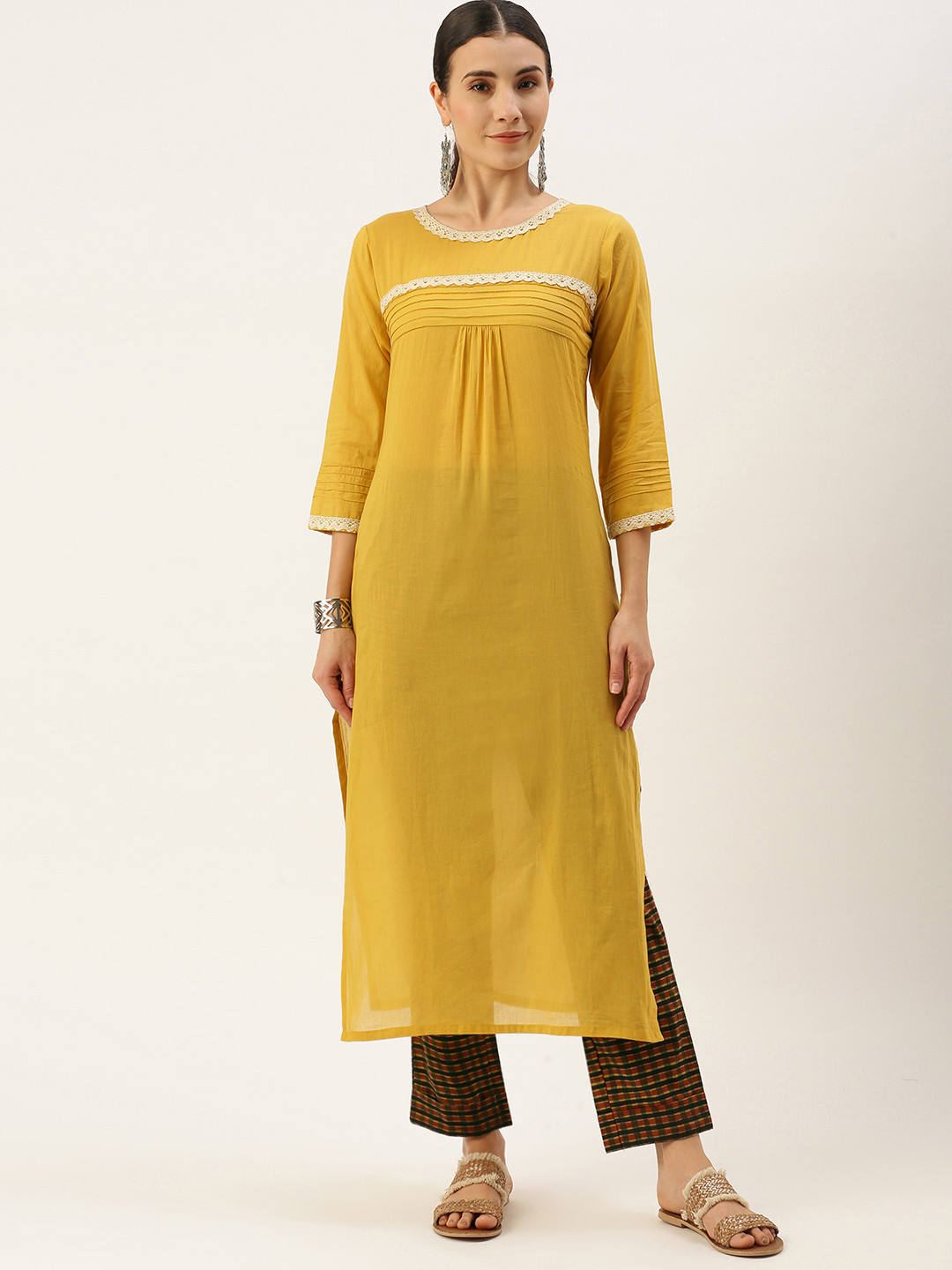 Buy Saanjh Women Mustard Yellow Regular Pure Cotton Kurta With Palazzos Kurta Sets for Women