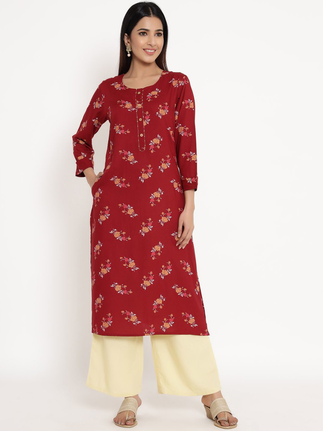 Women'S Maroon & Gold-Toned Embroidered Kurta With Palazzos