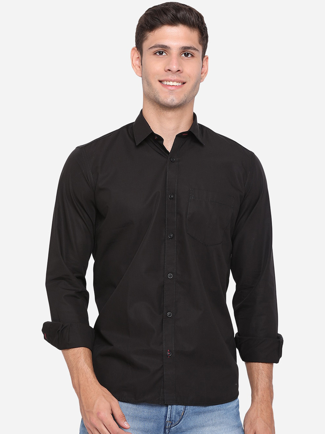 Buy JADE BLUE Men Black Slim Fit Opaque Pure Cotton Casual Shirt