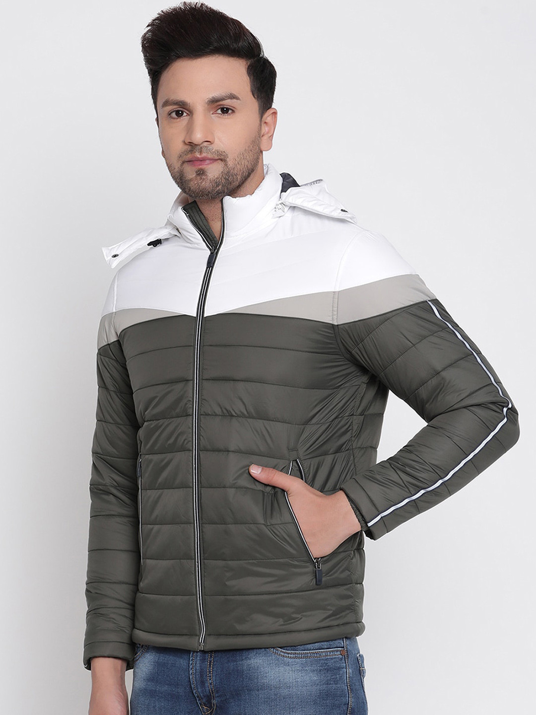 Buy METTLE Men Olive Green Striped Padded Jacket Jackets for Men