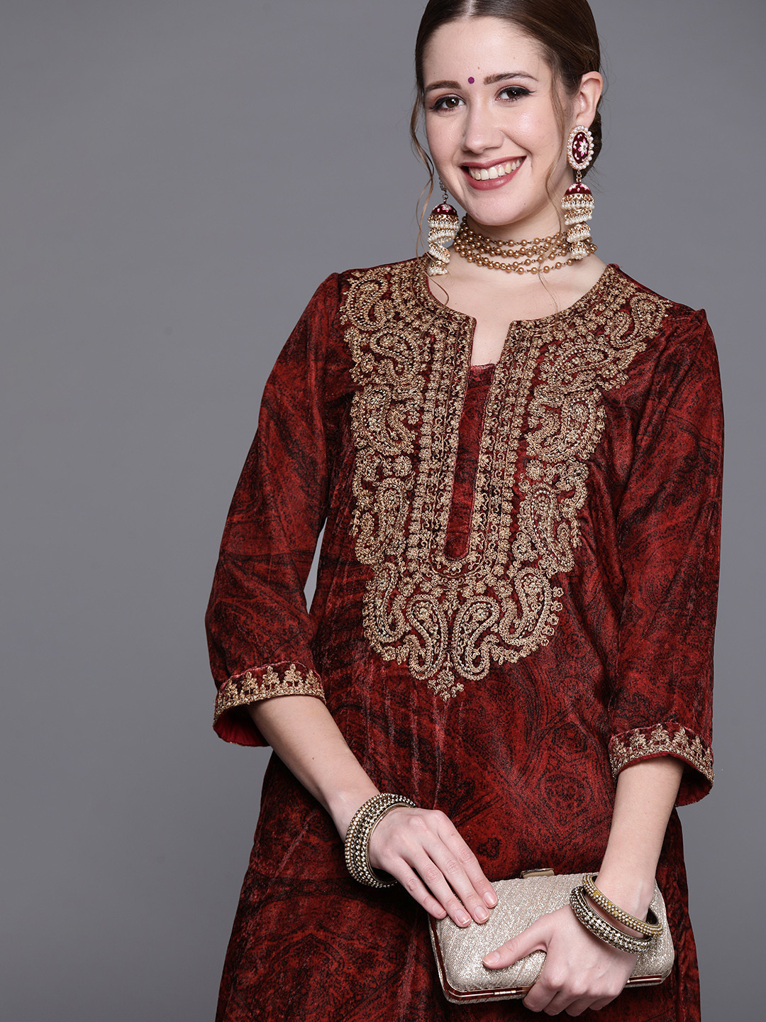 Buy Biba Women Maroon & Golden Ethnic Motifs Embroidered Winter Kurta