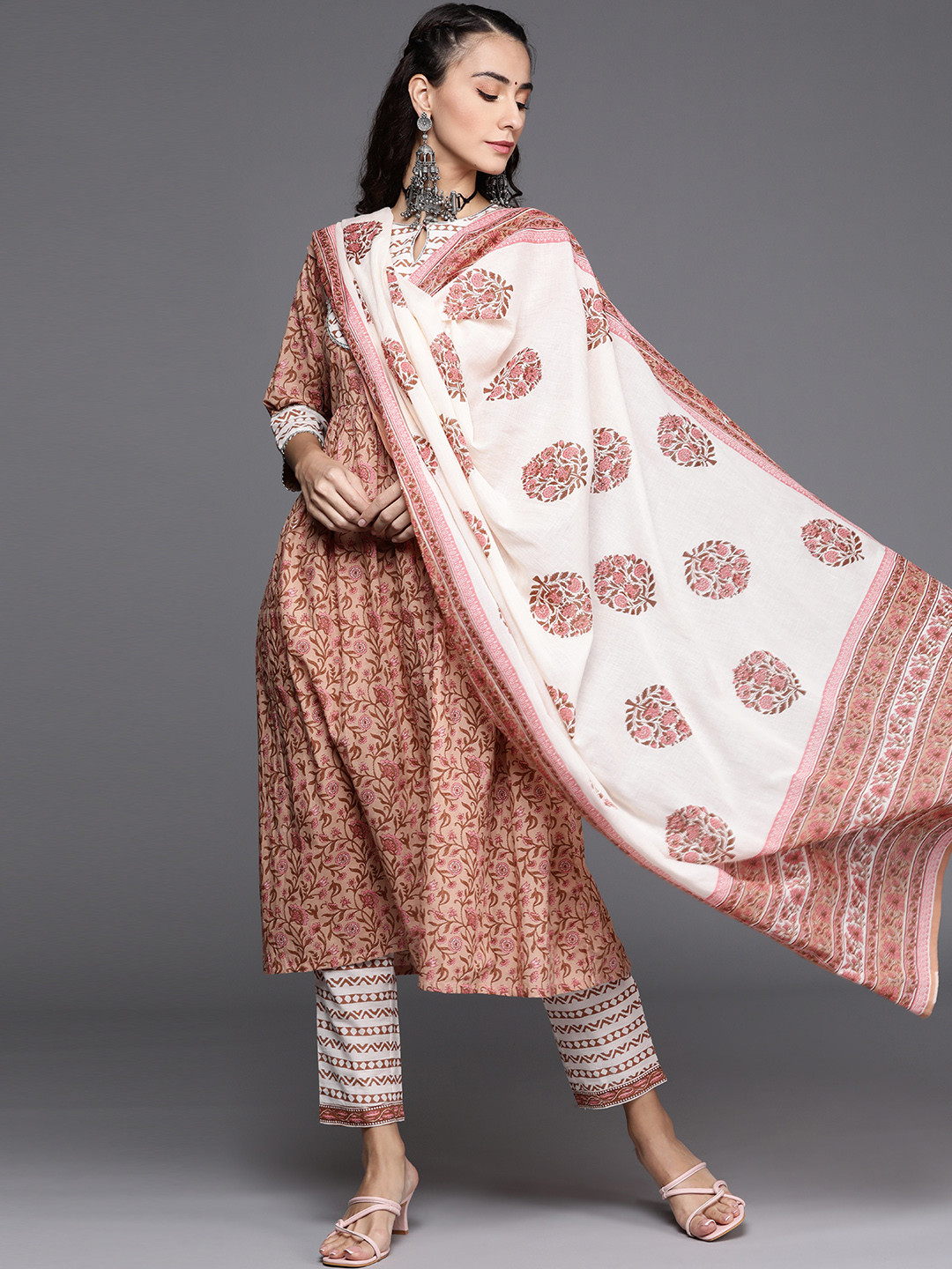 Women Liva Beige Ornamental Print Kurta Comfort Pant Dupatta main image 0