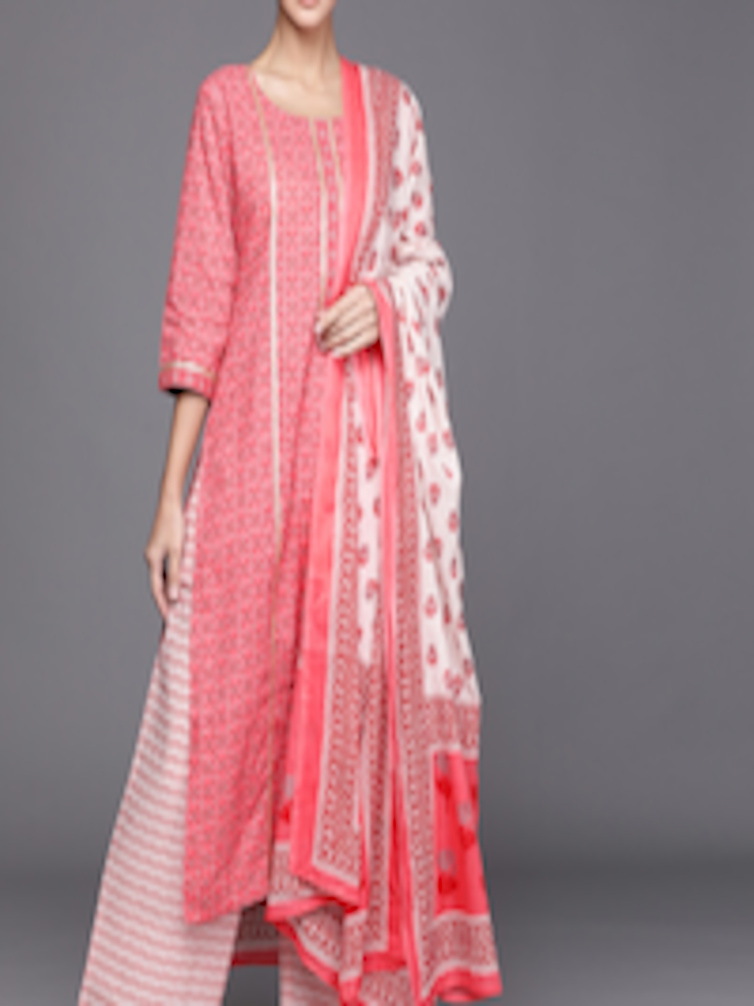 Buy Libas Women Pink & White Ethnic Motifs Printed Cotton Kurta With ...