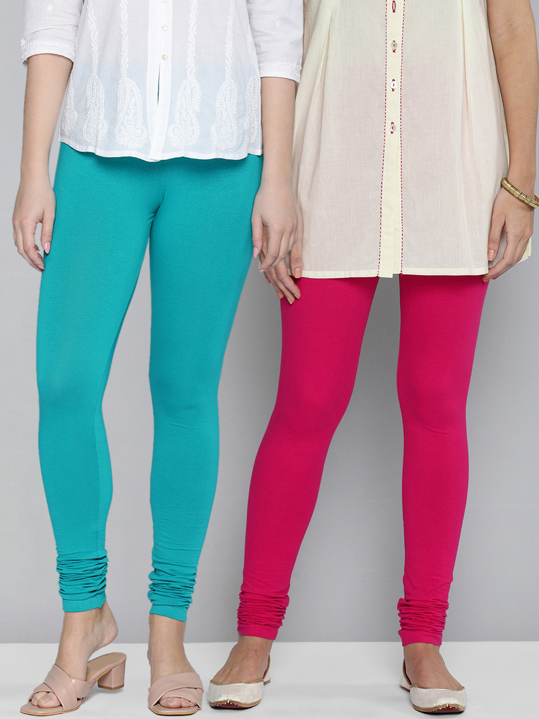Buy HERE&NOW Pack Of 2 Women Turquoise Blue & Pink Cotton Leggings