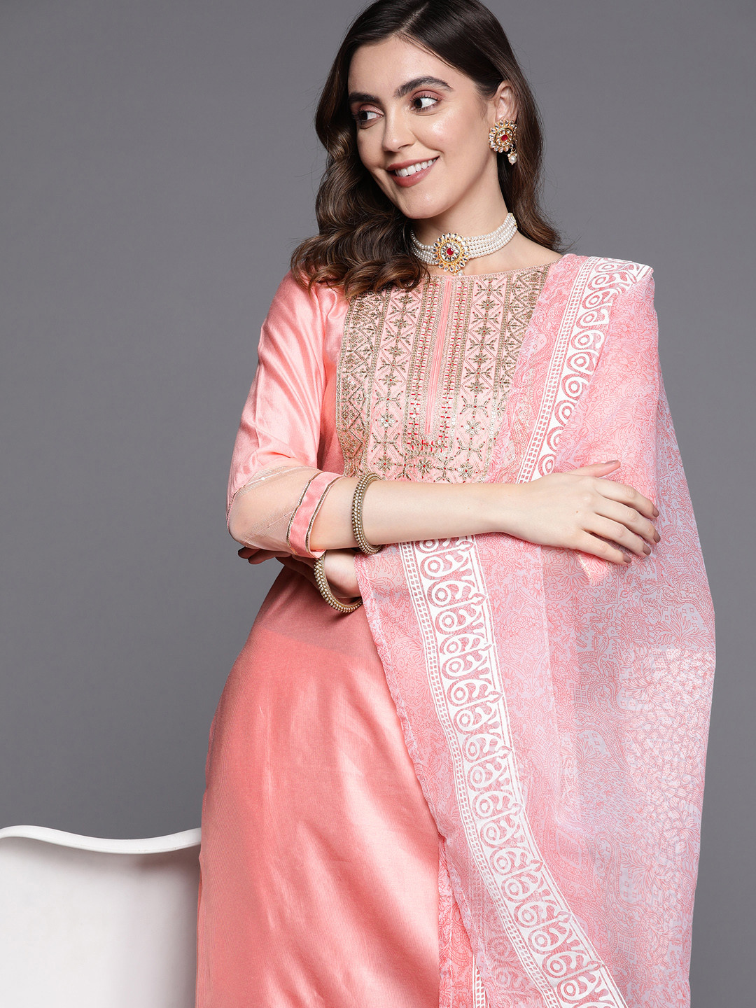 Girls Liva Blue Embroidered kurta With Dhoti Pants And Peach Dupatta