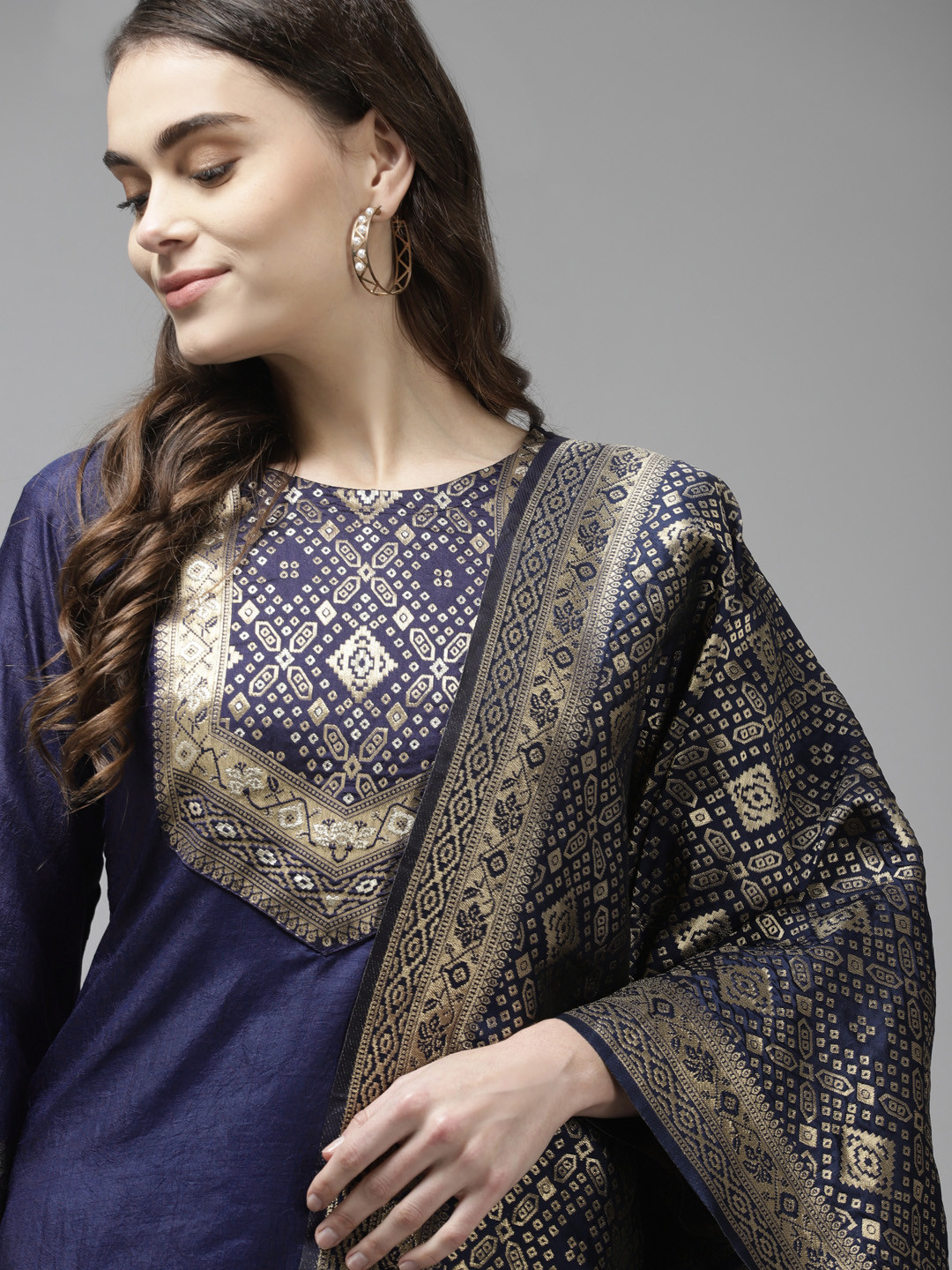 Indo Era Navy Blue Bandhani Cotton Straight Kurtas