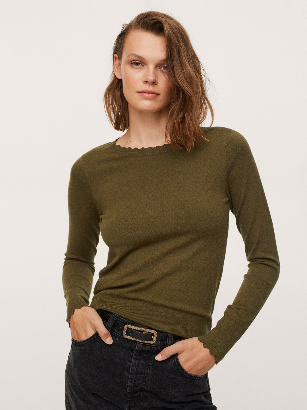 Buy MANGO Women Olive Green Solid Pullover Sweaters for Women