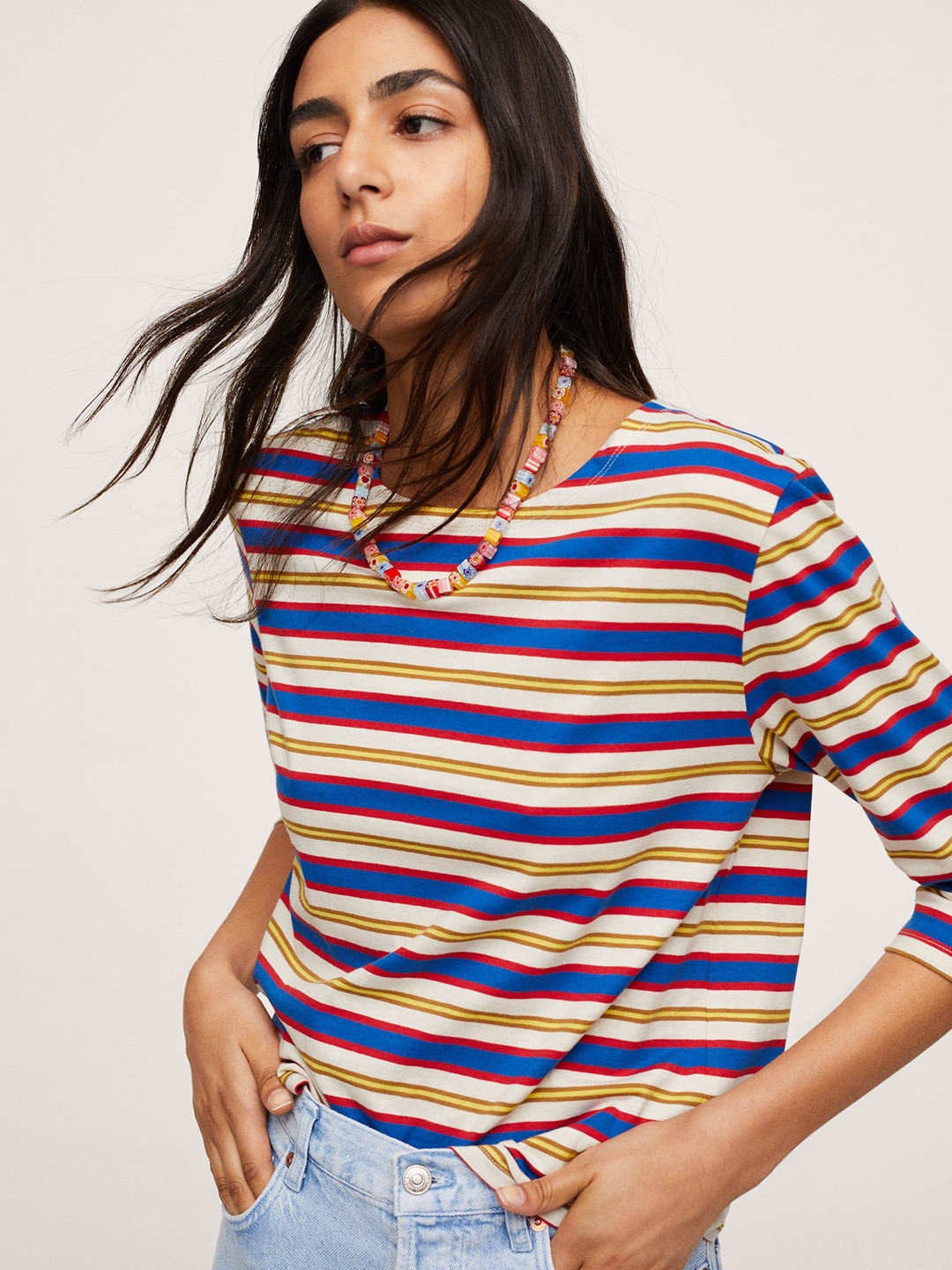 Buy MANGO Women Navy Blue Red Striped Pure Cotton T Shirt Tshirts for