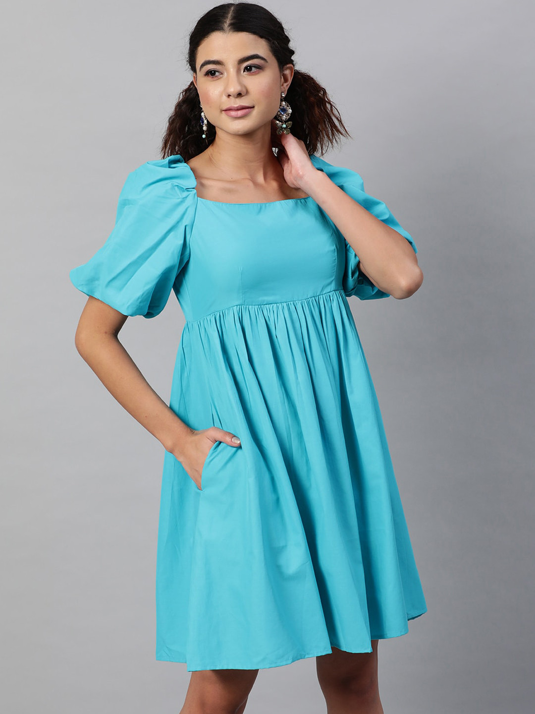 Buy STREET 9 Turquoise Blue Puff Sleeves Empire Dress Dresses for
