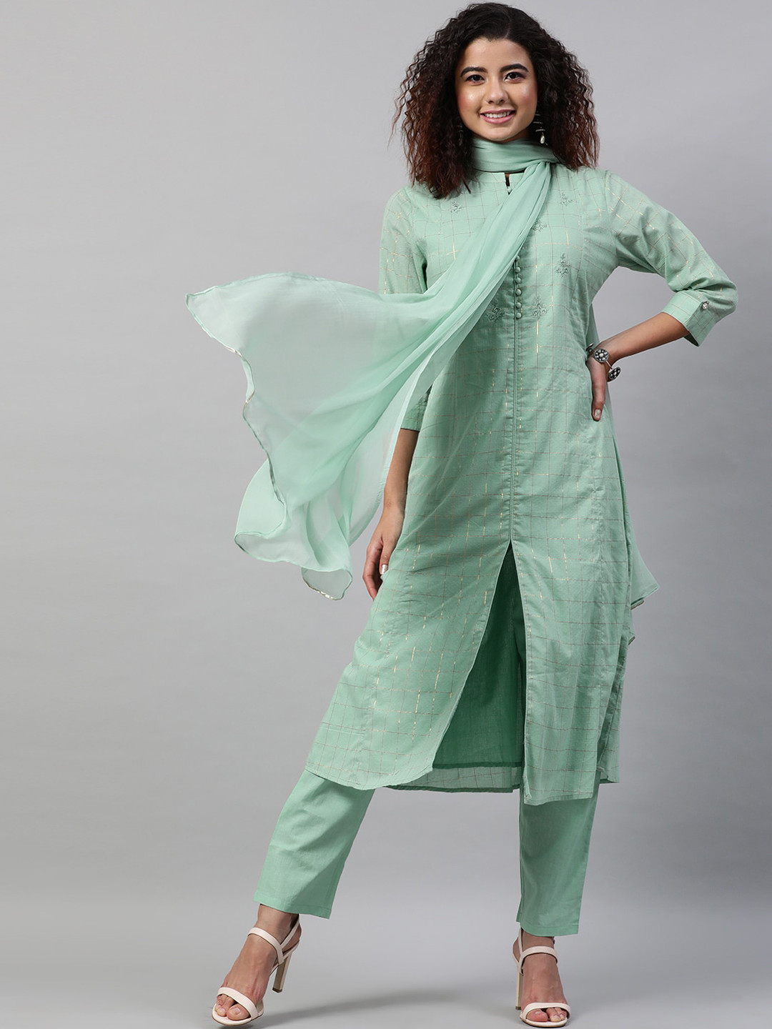 Women Sea Green Cotton Kurta Set