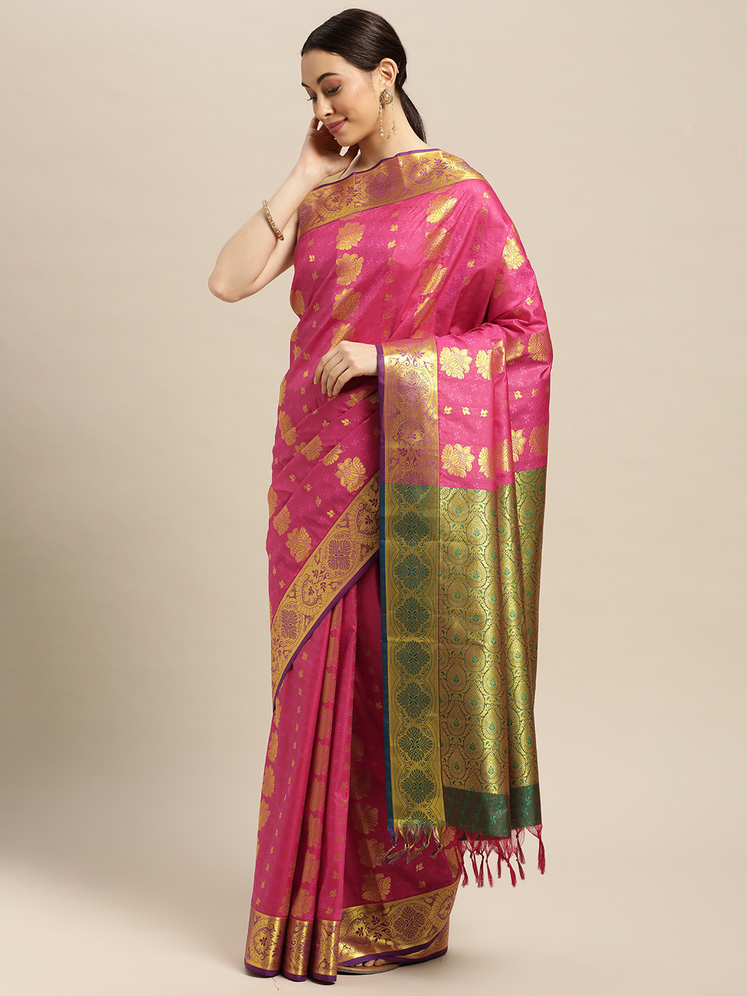 Buy Thara Sarees Pink Ethnic Motifs Zari Art Silk Kanjeevaram Saree
