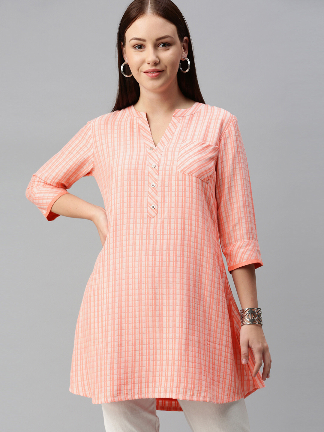 Buy ETIQUETTE Women Peach Coloured Checked Kurta Kurtas for Women