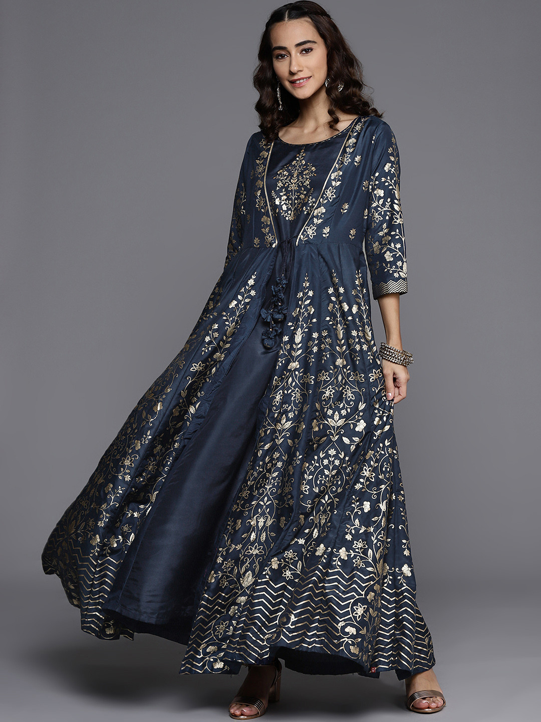 Buy Biba Navy Blue & Silver Toned Floral Layered Ethnic Maxi Dress