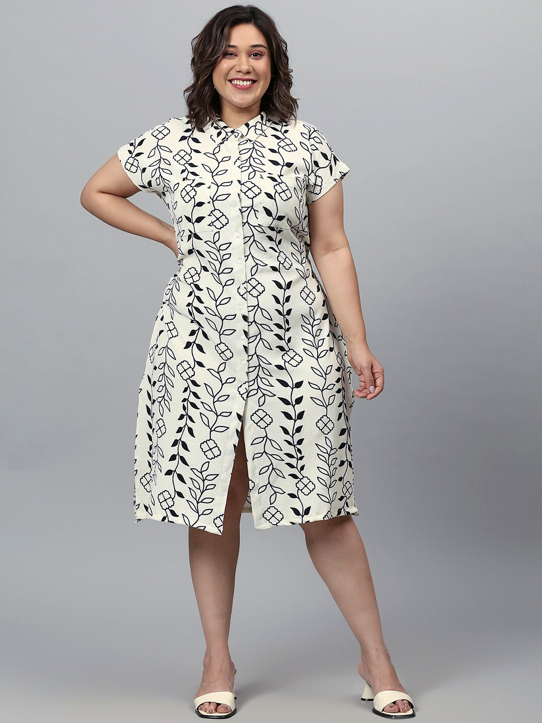 Buy Instafab Plus Cream Coloured & Black Floral Printed A Line Plus