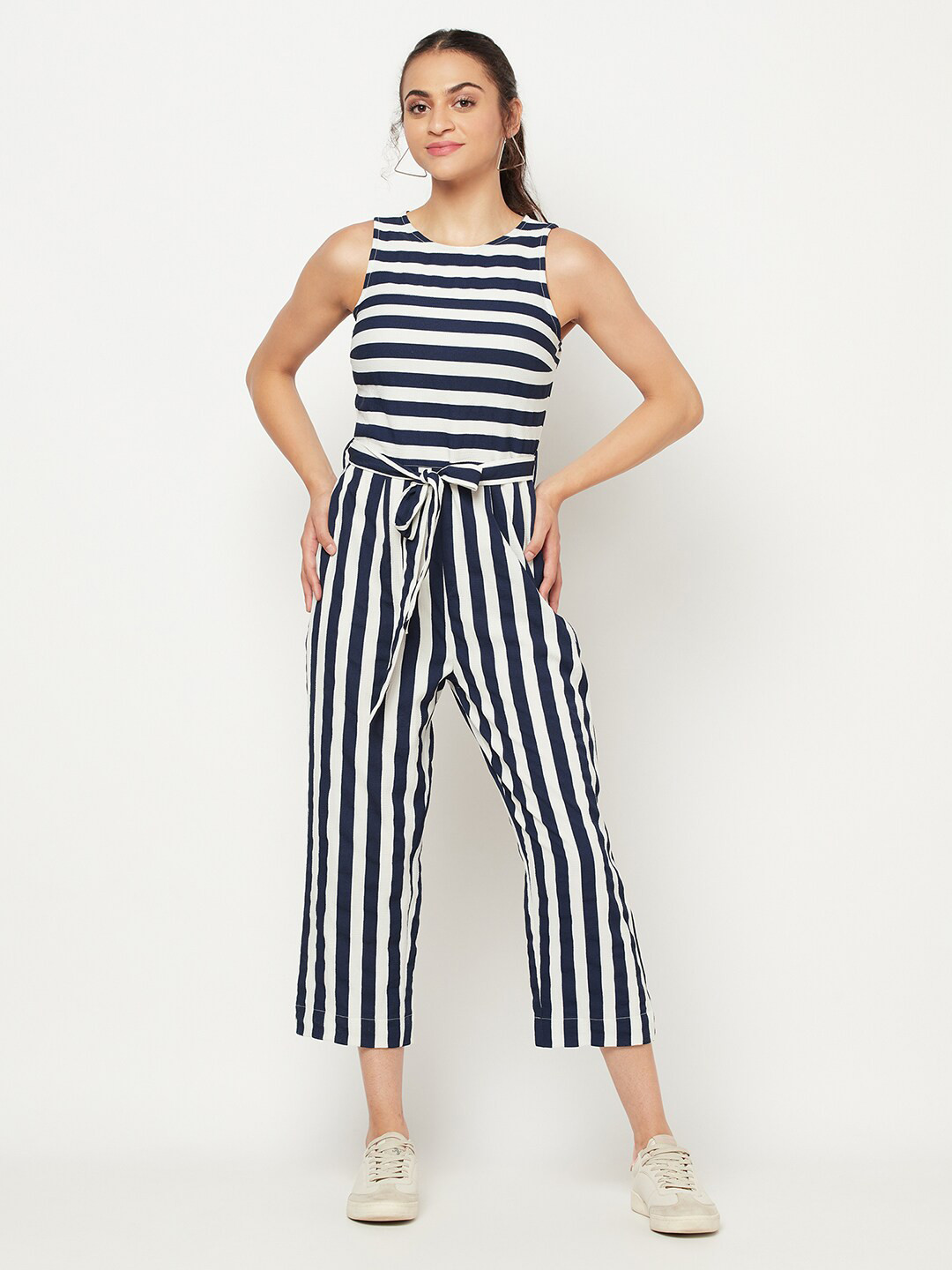Buy SQew Blue & White Striped Capri Jumpsuit Jumpsuit for Women